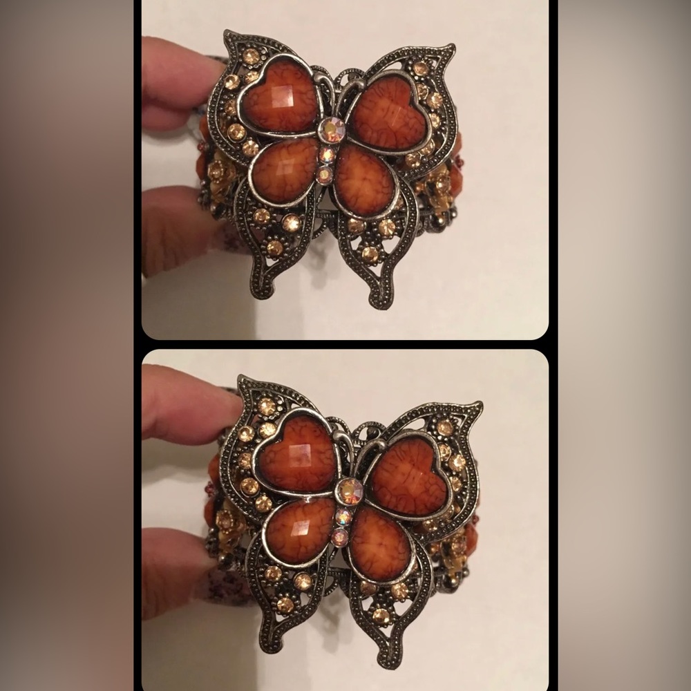 BUTTERFLY & FLOWERS Brown Bronze Orange STONES, Stretch, STATEMENT CUFF BRACELET